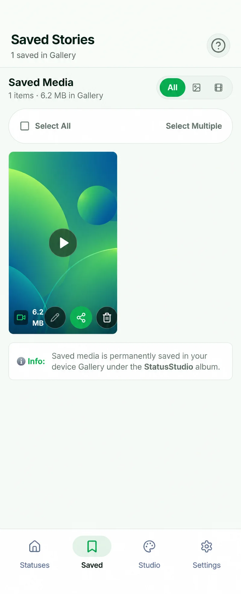 WP Status Saver Saved Library tab displaying preserved photos and videos